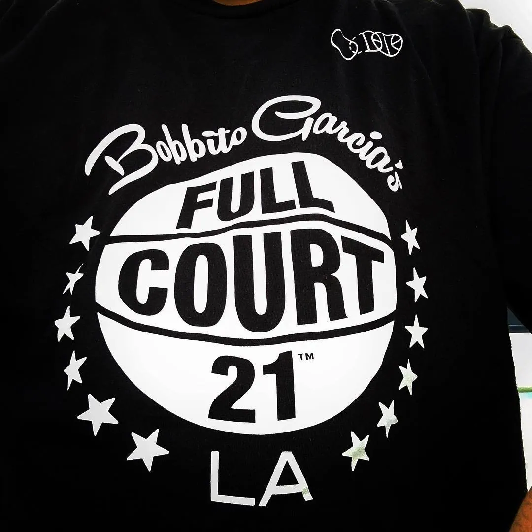 Bobbito Garcia's FULL COURT 21 logo screen printed in white on a black tee: his name in script across the top, and FULL COURT 21 set across a basketball framed by stars.